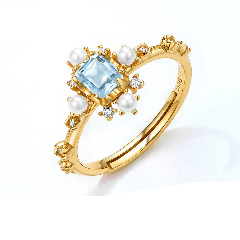 Grazia Jewelry Natural Blue Topaz & Freshwater Pearl Ring